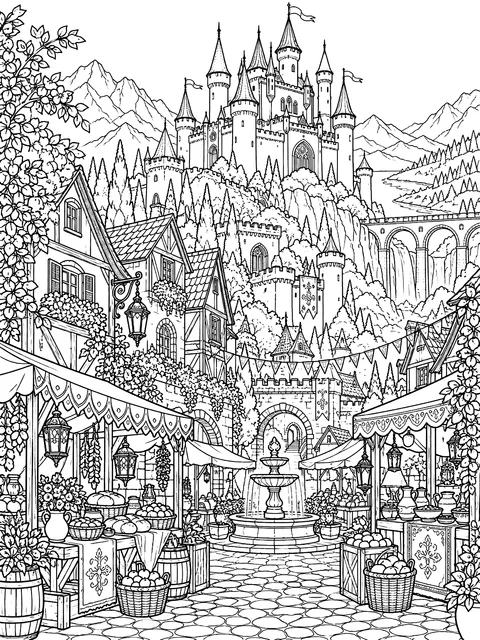 Detailed Castle above a village market coloring page