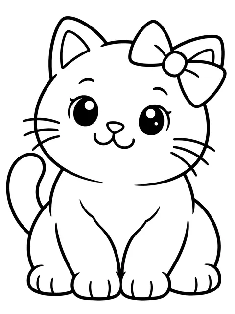 Easy Chubby cat with a bow coloring page