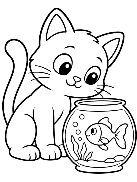 Easy Cat watching a fishbowl coloring page