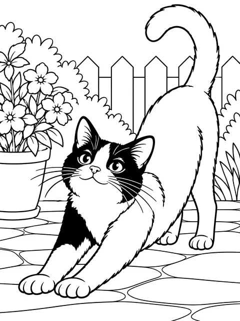 Tuxedo cat stretching coloring page