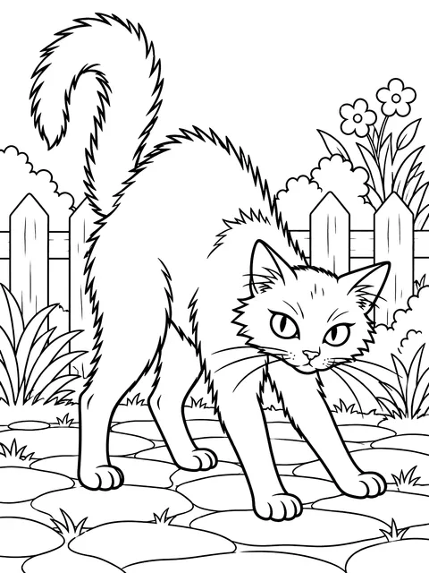 Black cat arching its back coloring page