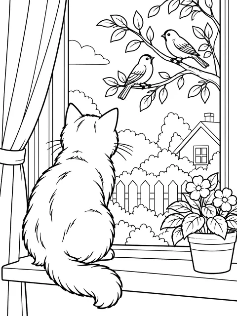 Cat on a windowsill watching birds coloring page