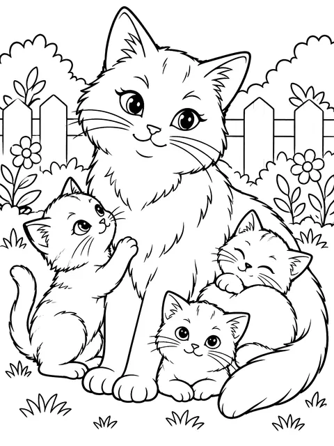 Mother cat with kittens coloring page