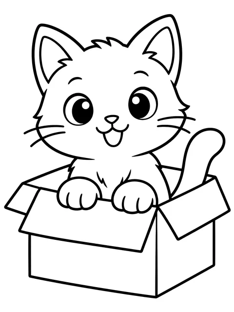 Easy Cat in a cardboard box coloring page