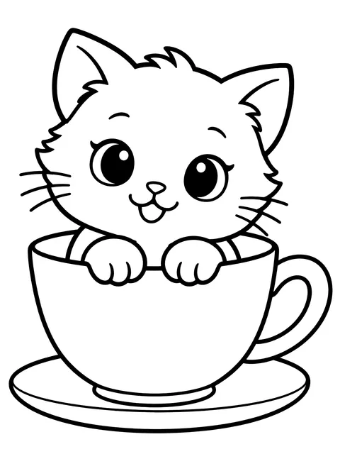 Easy Kitten in a teacup coloring page