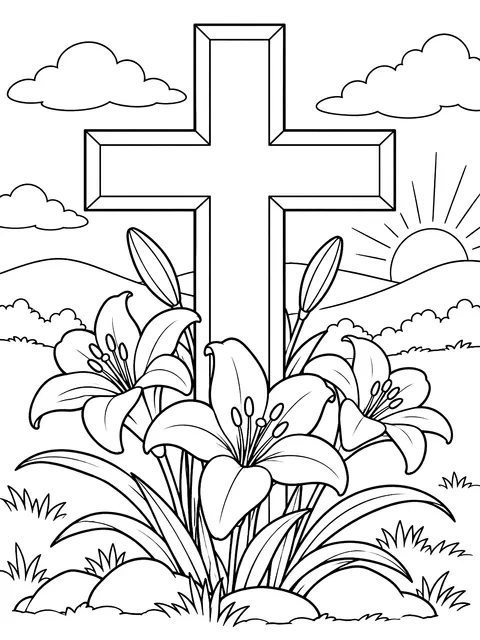 Cross with lilies coloring page