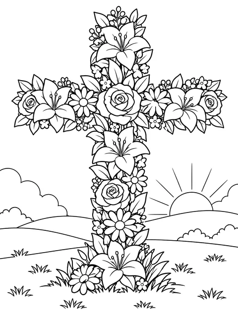 Cross made of flowers coloring page