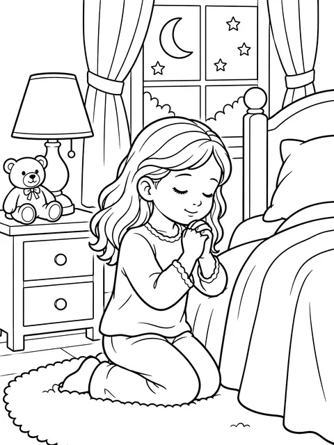 Child kneeling for a bedtime prayer coloring page