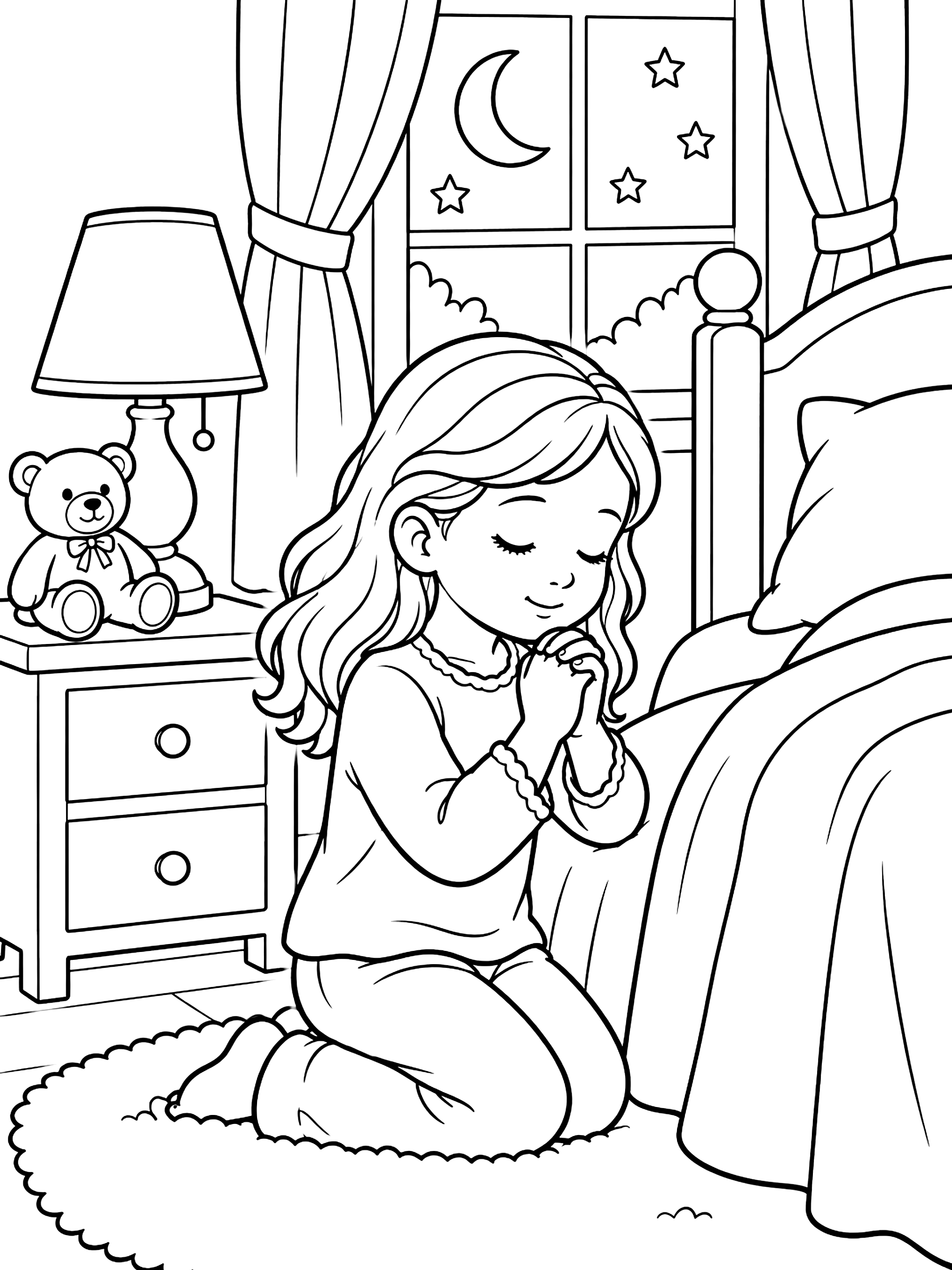 Child kneeling for a bedtime prayer coloring page