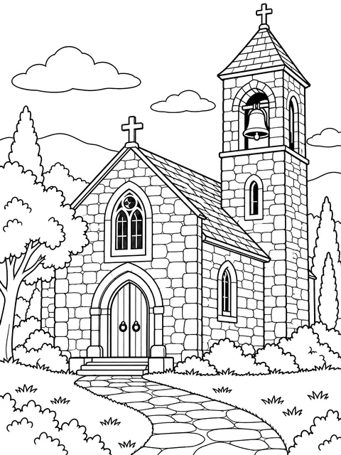 Stone church with a bell tower coloring page