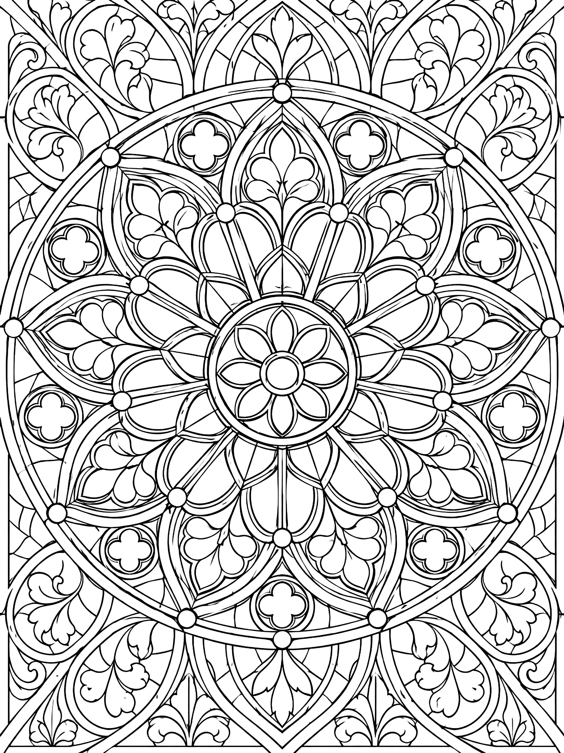 Detailed Stained glass rose window coloring page