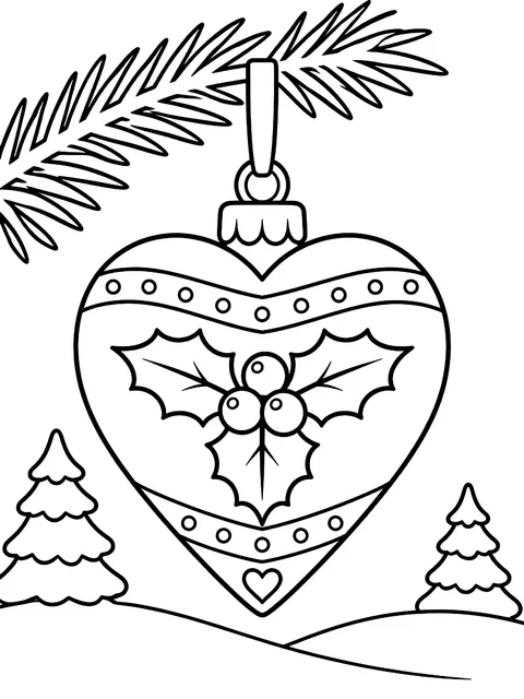 Heart ornament with holly coloring page