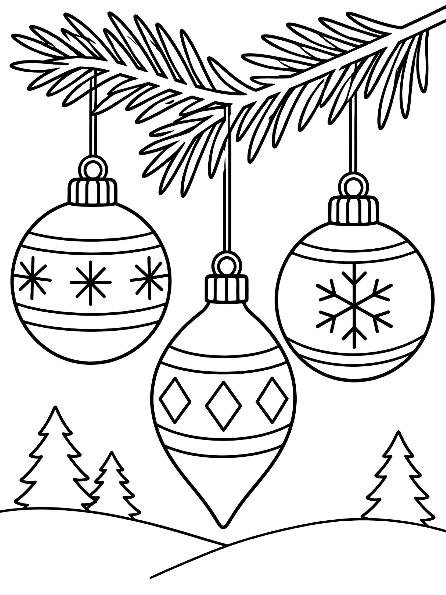 Three ornaments hanging from a pine branch coloring page