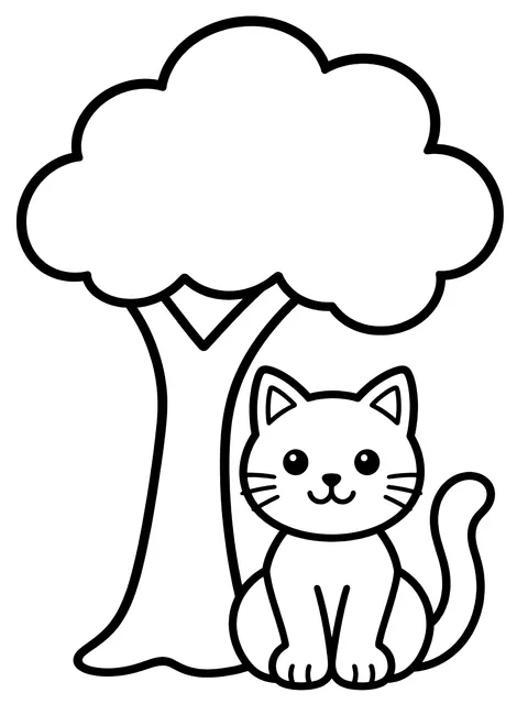 Easy Cat sitting under the tree coloring page