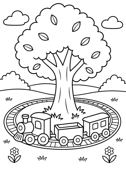 Tree with a toy train circling it coloring page