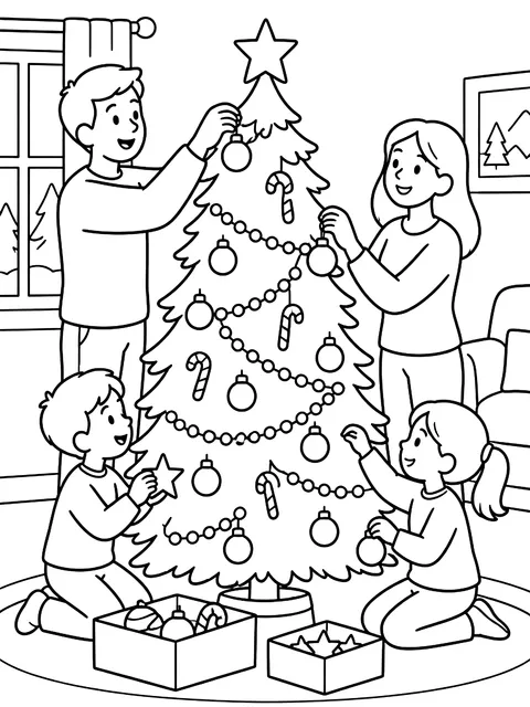Family decorating the tree coloring page