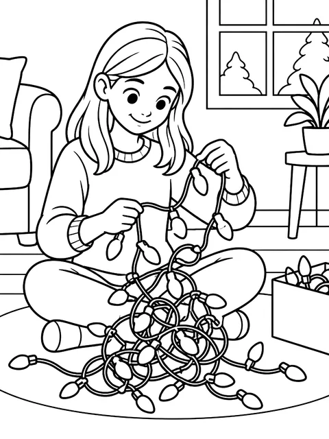 Untangling a string of lights coloring page