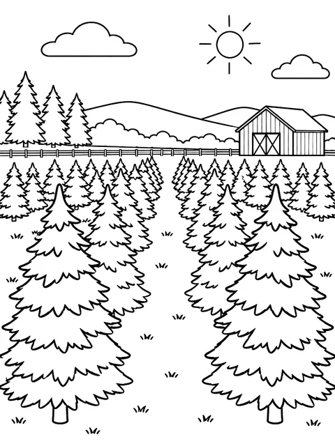 Tree farm with rows of firs coloring page