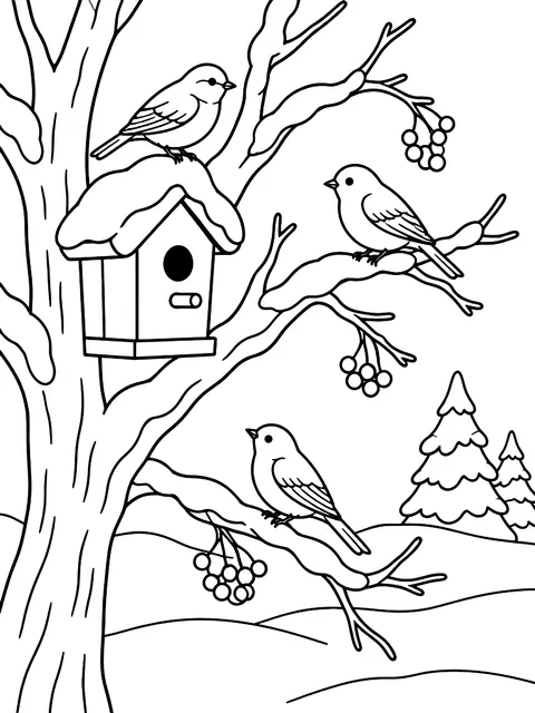 Snowy outdoor tree with birds coloring page