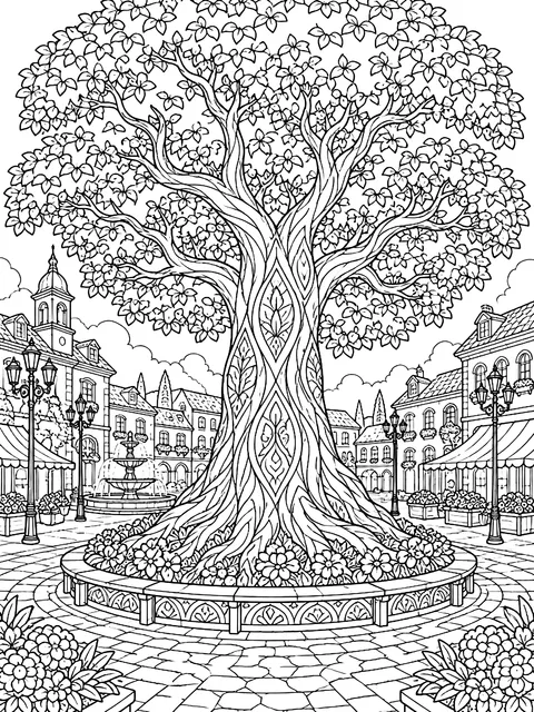 Detailed Giant tree in a town square coloring page
