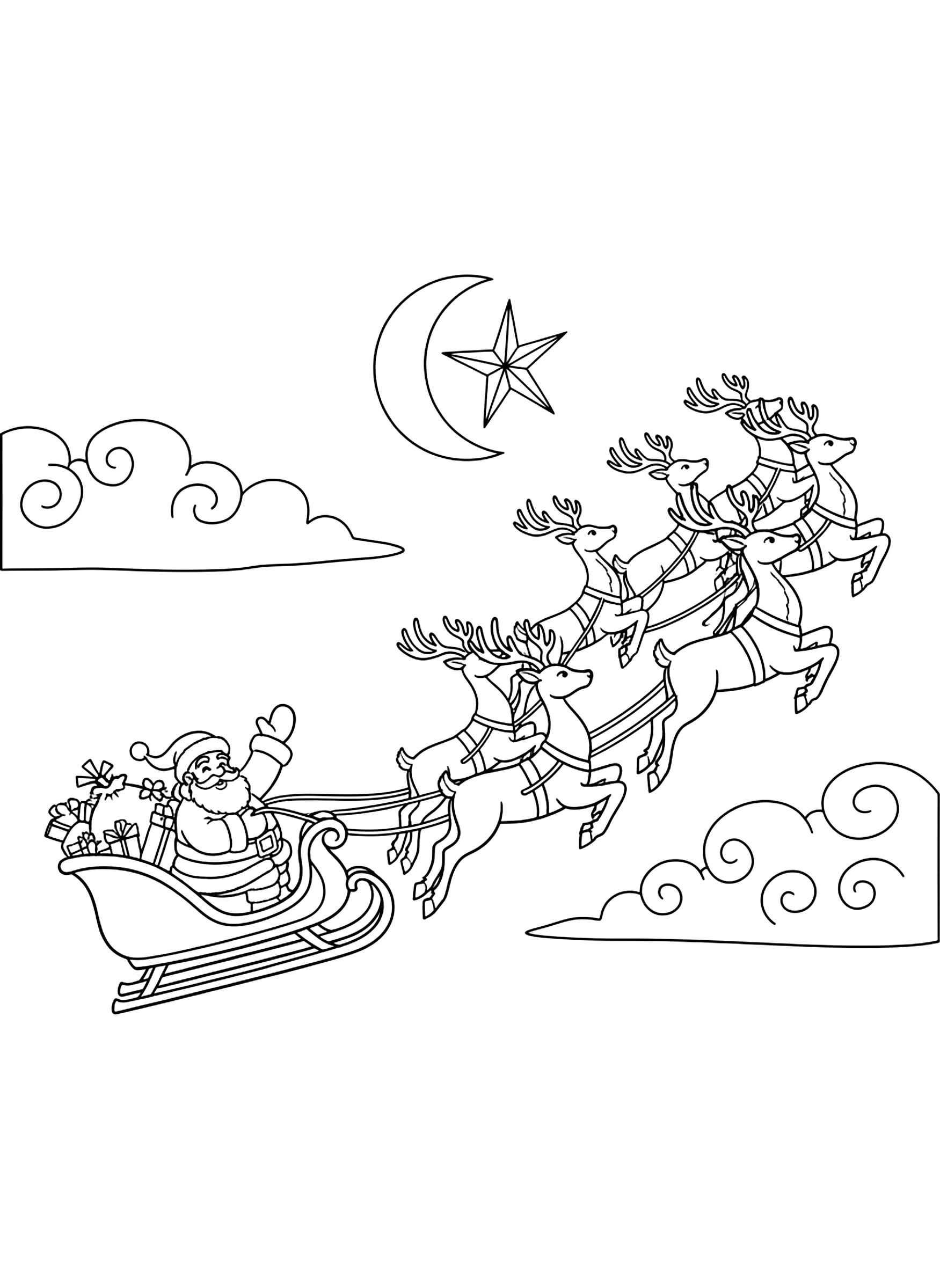 Santa's sleigh and reindeer flying coloring page