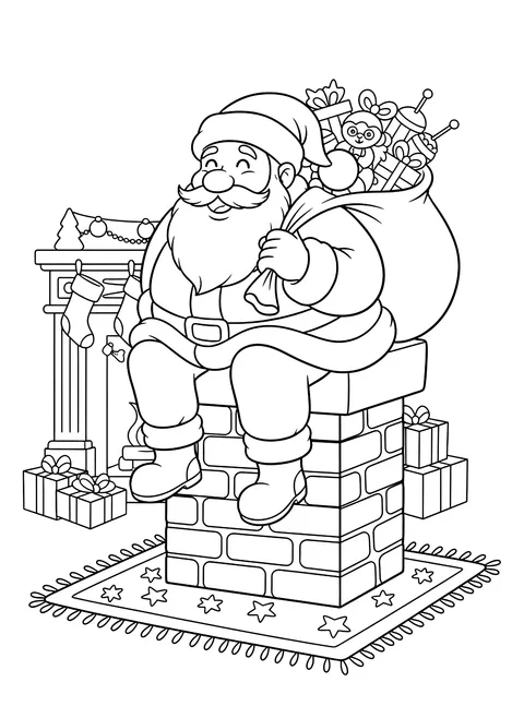 Santa coming down the chimney coloring page