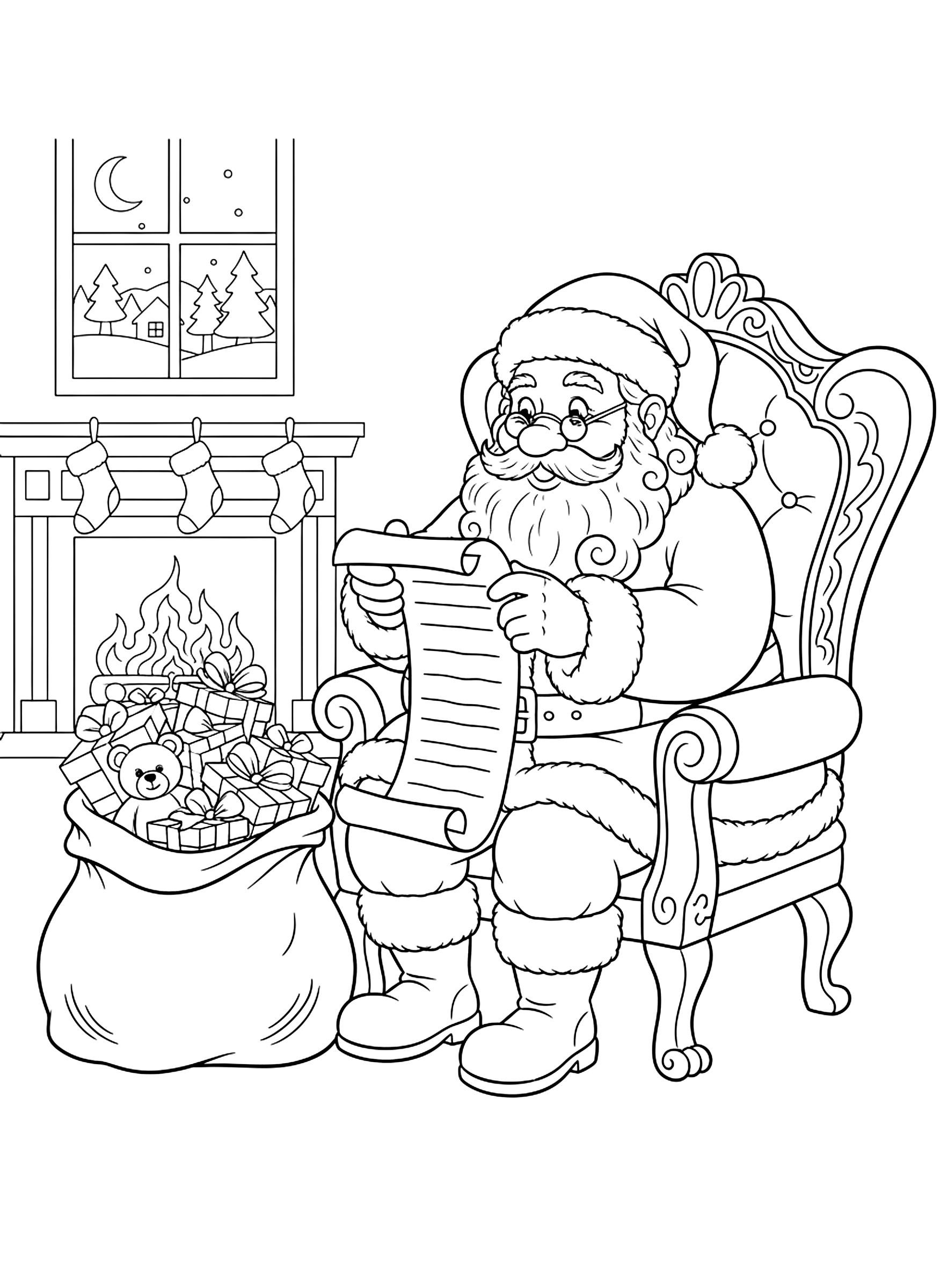 Santa checking his list coloring page