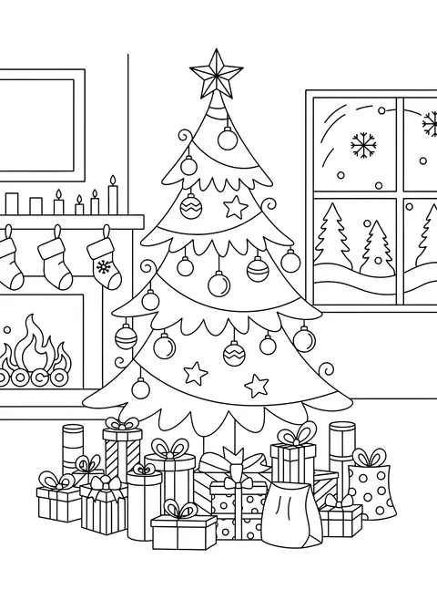 Christmas tree with presents coloring page