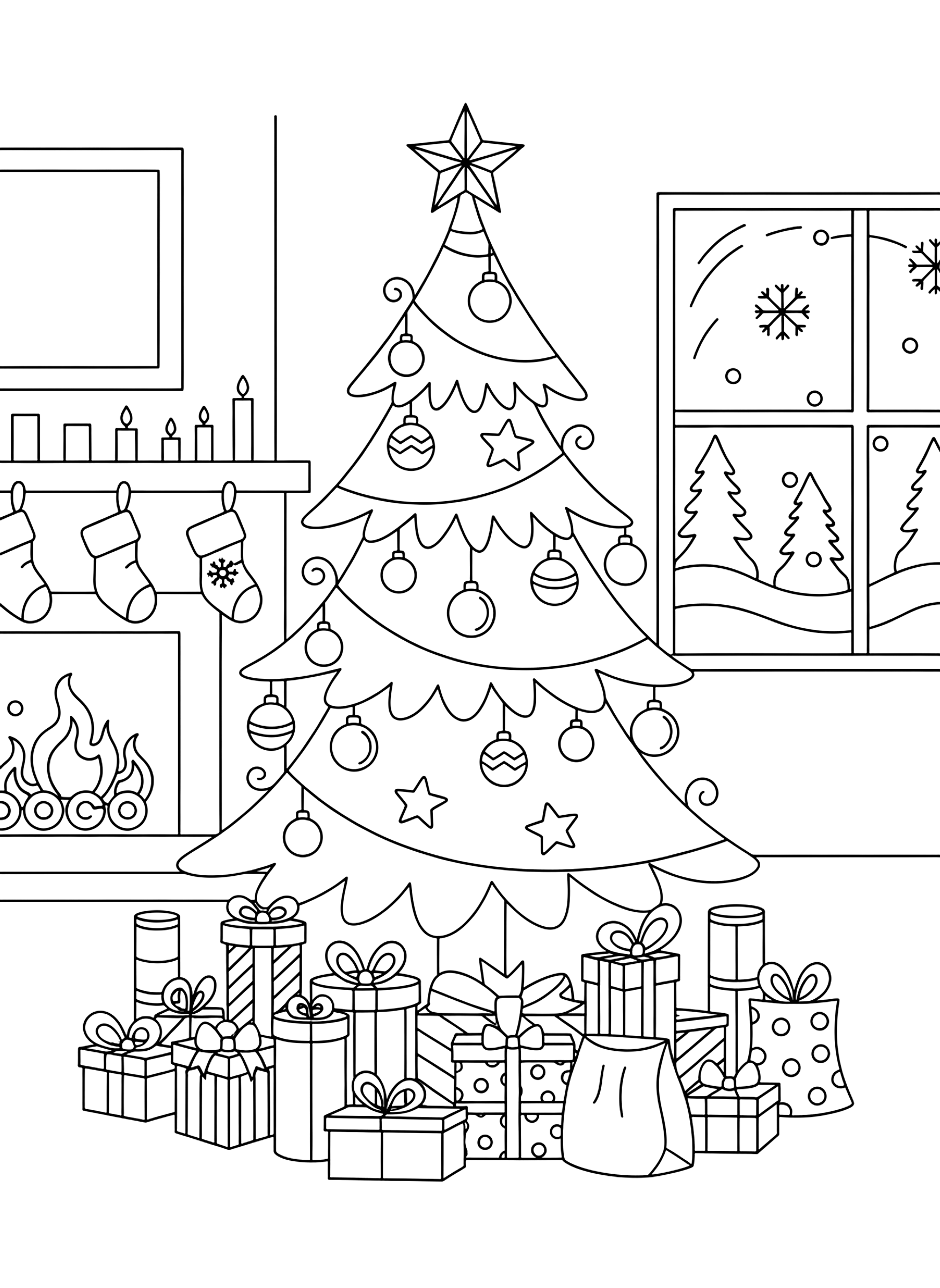 Christmas tree with presents coloring page