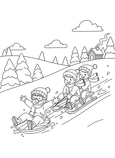 Kids sledding coloring page