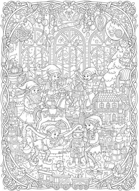 Detailed Elves in the toy workshop coloring page
