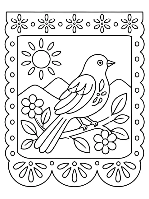 Papel picado panel with a bird coloring page