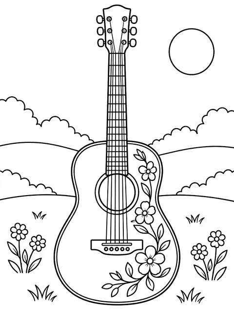 Acoustic guitar with flower inlay coloring page