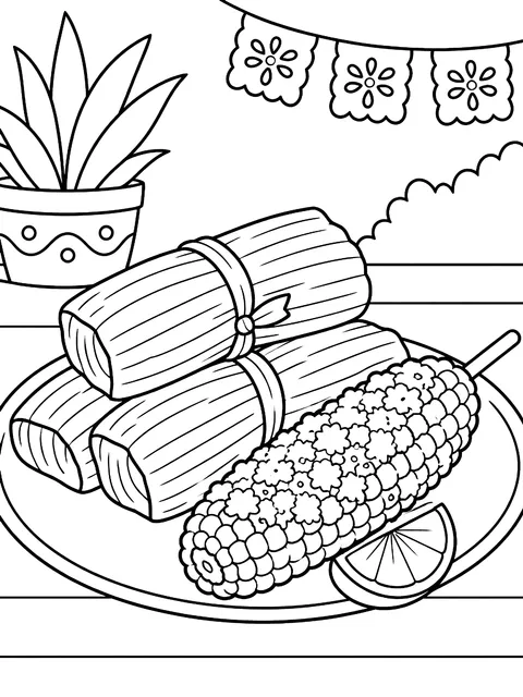 Tamales and elote coloring page