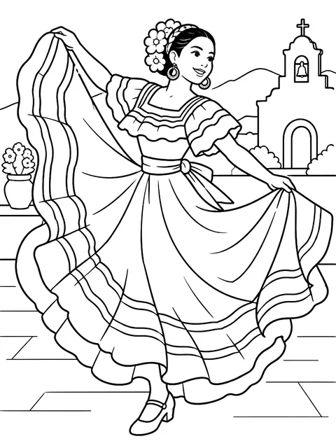 Folklórico dancer swirling her skirt coloring page