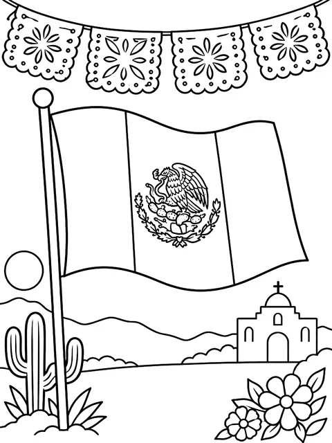 Flag of Mexico with papel picado coloring page