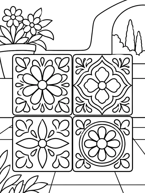 Four Talavera tiles coloring page
