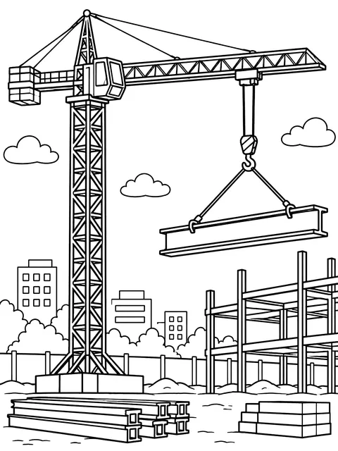 Tower crane lifting a beam coloring page