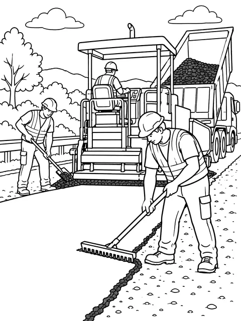 Road crew laying asphalt coloring page