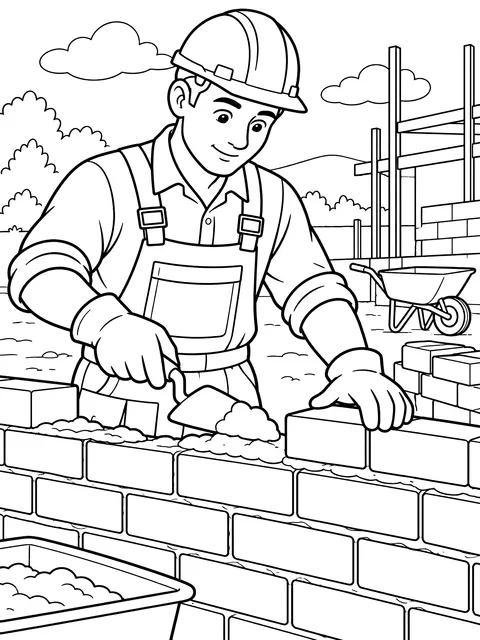 Bricklayer building a wall coloring page