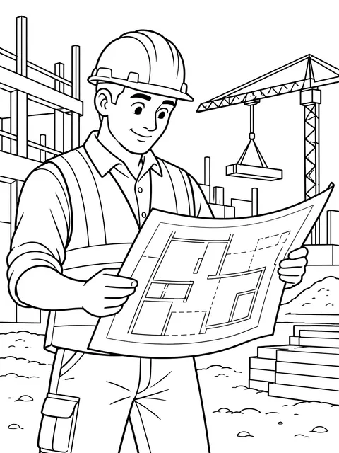 Worker reading building plans coloring page