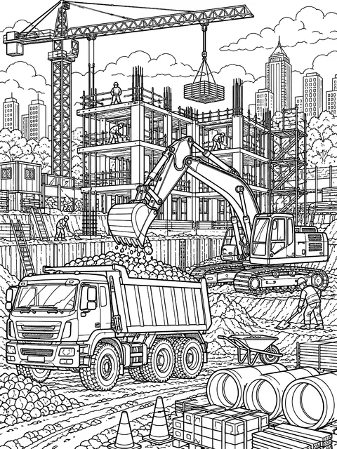 Detailed Busy construction site coloring page