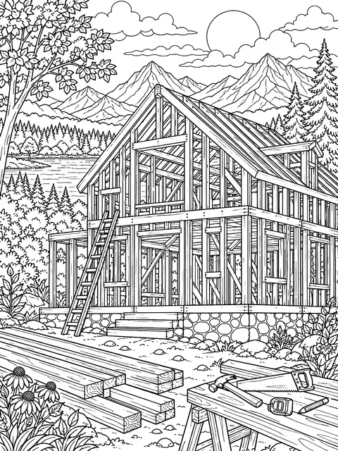 Detailed House frame being built coloring page