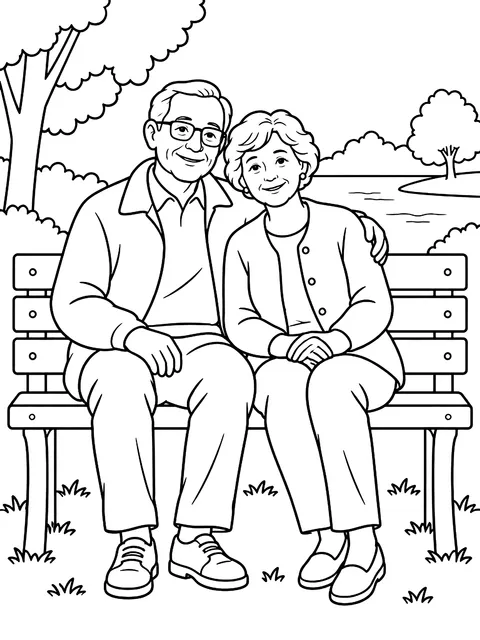 Older couple on a park bench coloring page