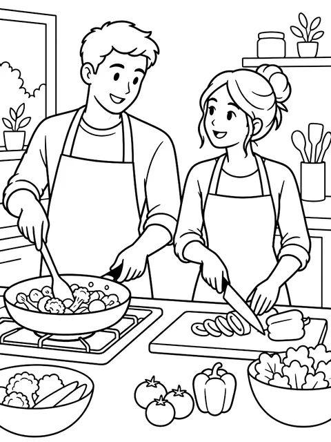 Couple cooking dinner coloring page