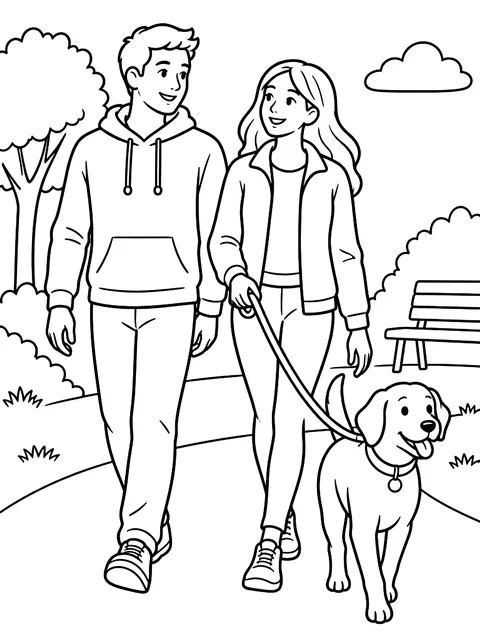 Couple walking the dog coloring page