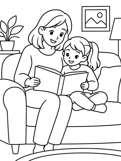 Reading together on the couch coloring page