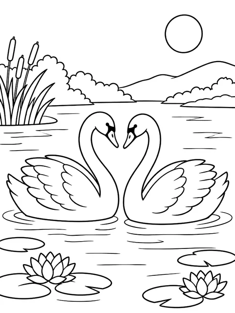 Two swans on a lake coloring page