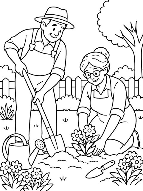 Older couple gardening coloring page