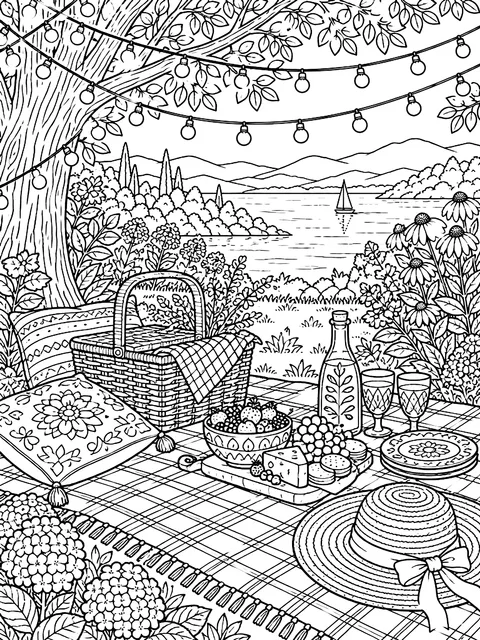 Detailed Picnic under string lights coloring page
